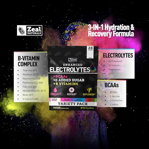 Image of Zeal Naturals Enhanced Electrolyte Powder Stick Packs (Variety Pack - 20 Packets) Sugar Free + BCAA B-Vitamins & Pink Himalayan Salt - Keto Electrolytes, Hydration Powder