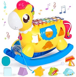 Ltteaoy Push Pull Rock Horse for 12-18 Months,Baby Musical Toys with Sound/Light/Gear/Shape Puzzles/Bead Maze/Xylophone Piano,Early Education Toys Gift for 1 2 3 Year Old Boys Girls Christmas Birthday