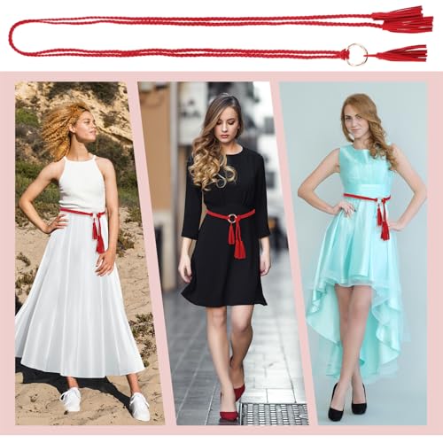 Women's Tassel Braided Waist Belt, Skinny Handwoven Belt with Ring for Dress Waist Belt2