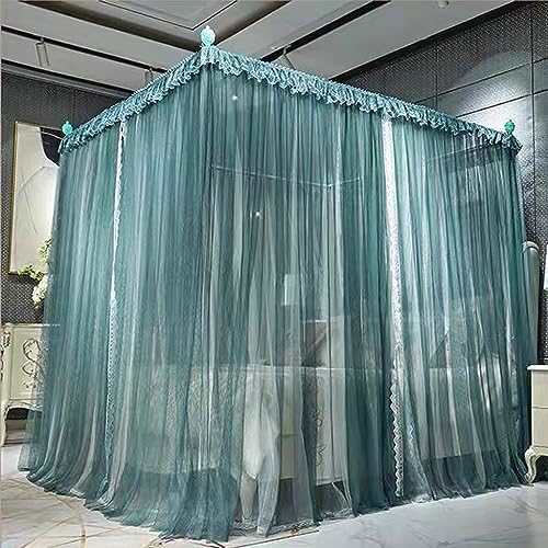 4 Corners Post Princess Mosquito Net Curtains Bed Canopy for Girls Curtain- Double Layer Sheer Mesh Canopies Drapes Girls Room Decor (Dark Green, Full)