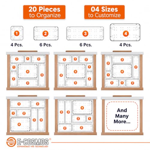 Image of E-COSMOS 20-Pack Transparent Drawer Organizers, Durable Polypropylene Storage Boxes, Multi-Purpose Divider Trays for Dressing Table, Vanity, Kitchen, and Office