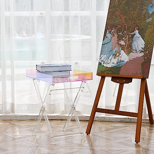 Aellersen Acrylic Folding Tray Table,Iridescent Side Table Nightstand Acrylic End Table Square Coffee Table Tray Drink Table For Living Room, Bedroom, Office, 21.8(H) X20.08(L) X14.17(W) Inch #TOP4