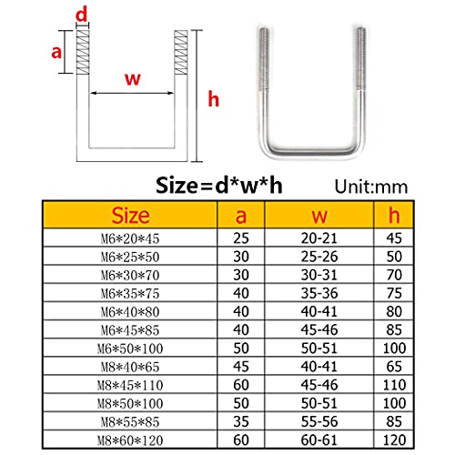 M6 x 45 x 85 mm quadratischer U-Bolzen aus 304 Edelstahl, 4 Stück