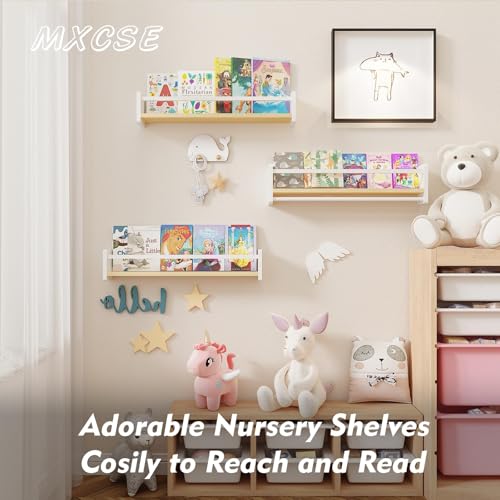 Image of MXCSE Nursery Floating Bookshelf for Kids, Wall Mounted Kids Book Shelf with Toy Storage, Pine Wood Nursery Shelves for Playroom, Bedroom, Toddler Room, Set of 3 (White & Wooden, 16 in)