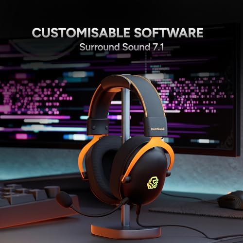 Image of KARNAGE by EVM Velocity RGB Gaming Headset with Mic | 50mm Drivers | 7.1 Surround Sound | ENC Microphone | Noise Isolation Ear Cups | Braided Cable | PC /Mac /PS /VR | Black-Orange