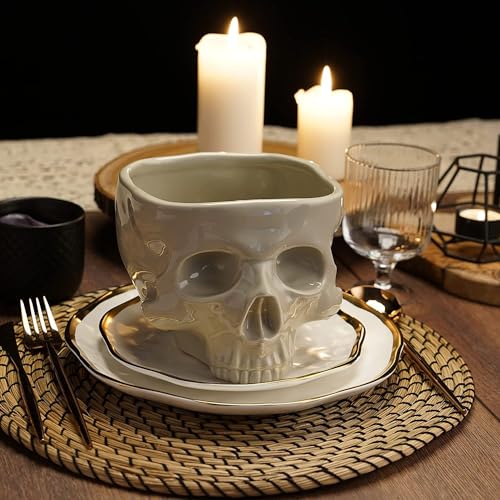 Fecheche Food Safe Skull Bowl for Eating, Ceramic Skull Shaped Bowl for Cereal Pasta & Ice Cream, Gothic Tabletop Skeleton Head Shaped Decor (big)