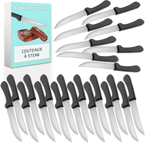 Didarenba Couteaux à steak 24 pièces en acier inoxydable – Lame microdentée 12 cm toujours tranchante – Idéal barbecue, restaurant et dîner – Pour...