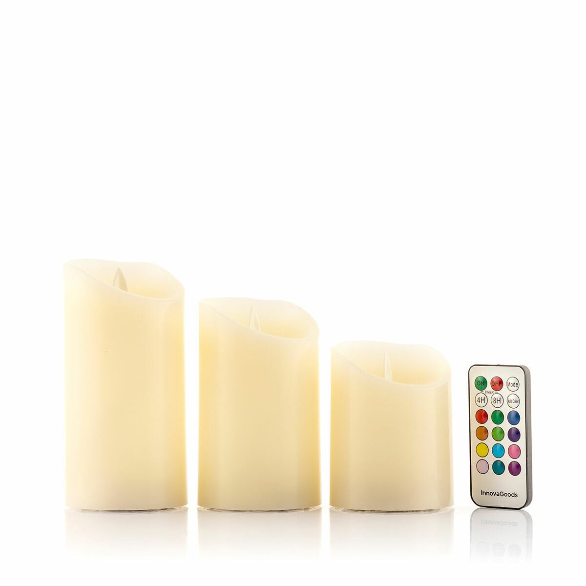 InnovaGoods® Velas led efecto llama 12 Colores, 4 modos de iluminación, luces led pilas con Temporizador, 3 Tamaños velas led, Velas decorativas ideal para regalo, centro de mesa, navidad, halloween.