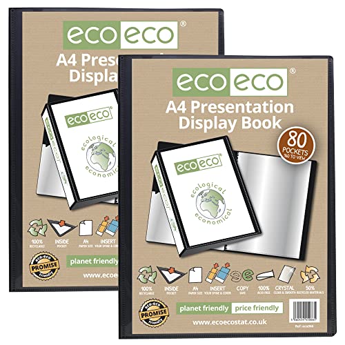 eco-eco Präsentationsbuch, A4, 50% recycelt, 80 Taschen, schwarz, Aufbewahrungsbox, Portfolio, Kunstmappe mit Kunststoffhüllen, 2 Stück, eco066 x 2