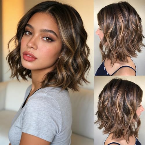 21AE Everyday Chic Brown Highlight Bob Wig Ready to Wear
