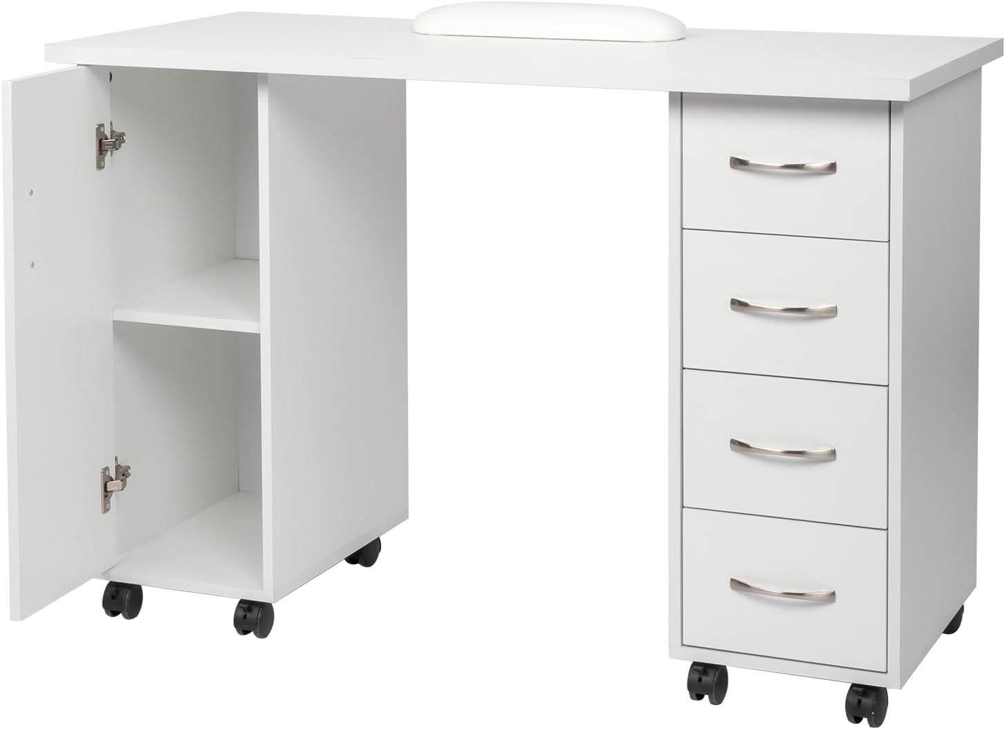 White Modern Nail Tech Workstation, Spa Salon Beauty Home Wooden Manicure Table with Cabinet, Drawers, Wheels & Arm Rest, 43.3"L x 17.7"W x 31.6"H