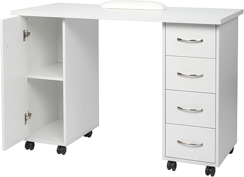 Miniatura 4 de Escritorio para computadora con 4 cajones, 1 puerta y 1 estante de almacenamiento, estación de trabajo de oficina en casa de escritura de madera,