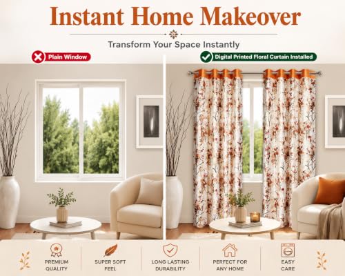 Image of 9 Feet Polyester Floral Light Filtering Long Door Curtains for Bedroom, Living Room & Hall, Eyelet Top, Orange Print Curtain Set of 3