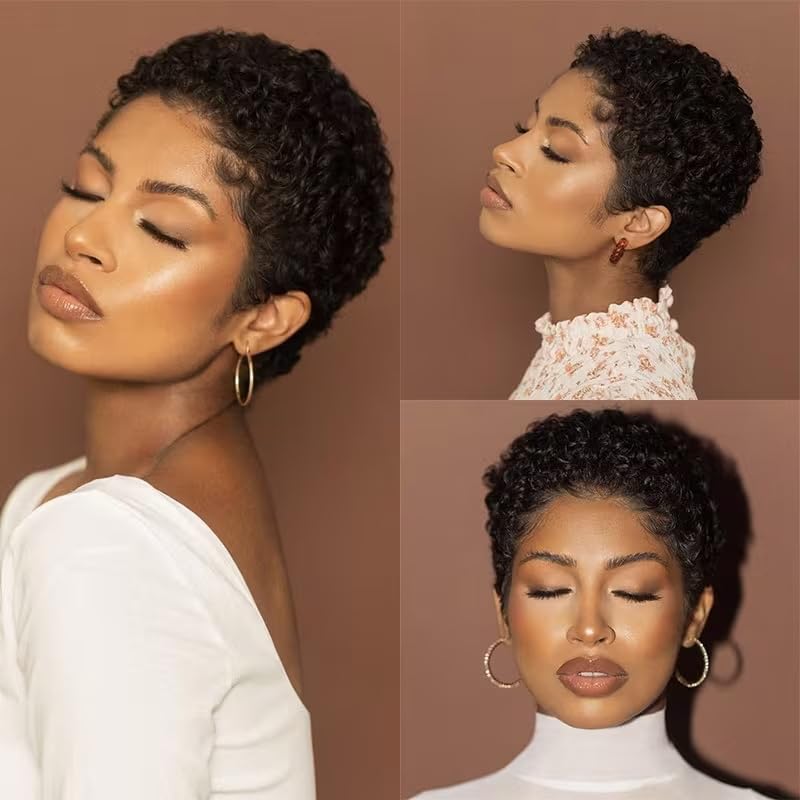 SisBroSis Pixie Cut Human Hair Wig for Black Women Short Layered Afro Curly Style Human Hair Glueless Full Machine Made Wig Lightweight and Breathable Wear and go Wig (Black)