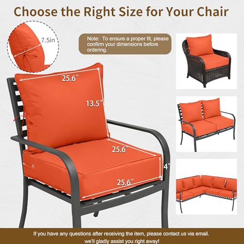 Image of 25.6x25.6 Outdoor Chair Cushions 4 Set, Waterproof Deep Seat Cushions for Patio Furniture with Removable Cover, Fade Resistant 4'' Outdoor Seat Cushion w /Ties&Handle for Sofa Loveseat, Orange