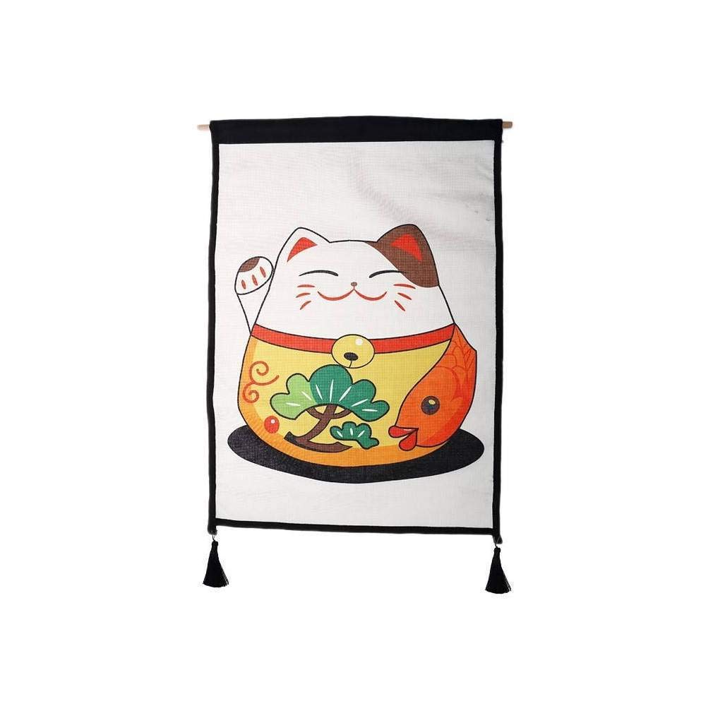 Tapisserie Japonaise Noren Imprimée Chats Chanceux - Bannière Murale Coton, Style Art Deco, Décoration Maison