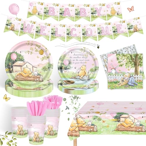 Image of 122PCS Classic Bear Baby Shower Party Supplies for Baby Girls Kids1st First Birthday Pink Neutral Winnie Bear Themed Tableware Set Plates Napkins Cups Tablecloths Banners for 20 Guests