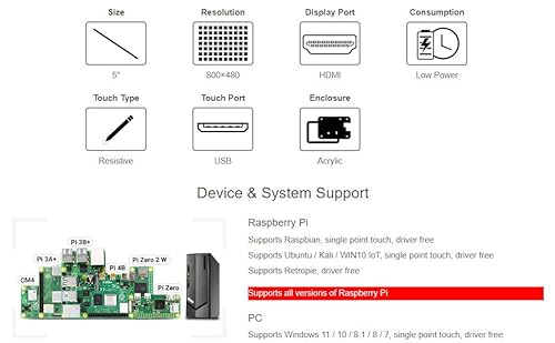 Waveshare 5Inch Resistive Touch Screen Lcd With Bicolor Case Compatible With Raspberry Pi 4B/3B+/3A+/2B/B+/A+/Zero/Zero W/Wh/Zero 2W Cm3+/4 800×480 Resolution Hdmi Supports Windows #TOP7