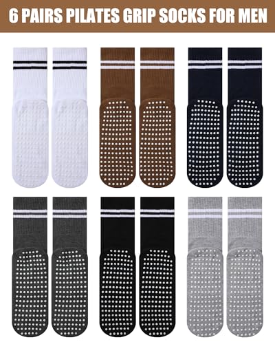 Sintege 6 Pairs Non Slip Grip Crew Socks for Men Athletic Striped Non Skid Gripper Socks for Elderly Hospital Home Yoga Pilates 7-122