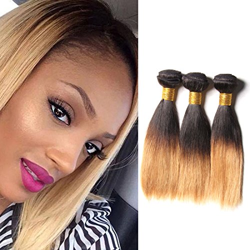 PURUN Tissage Ombre Hair Blond Lot de 3 Bundles 300g Lisse Meche Bresilienne Cheveux Humain Vierge Brazilian Hair Remy Straight 12 14 16 pouces