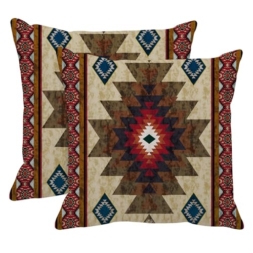 Britimes Throw Pillow Covers, Aztec Kilim Home Art Decor, 18 x 18 Inches Set of 2 Cushion Couch Sofa Cases, Brown Tribal Western Geometric Pillowcases for Bedroom, Living Room Decorative