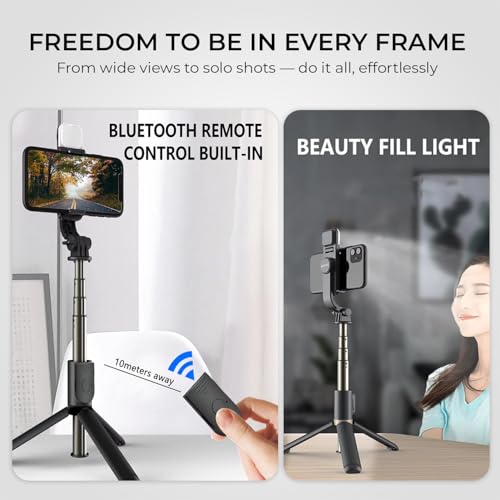 Image of BESTOR Selfie Stick Tripod with Wireless Remote, Extendable 3-in-1 Bluetooth Stand for Vlogging, Photography, Reels & Video Calls, Foldable & Portable (Black-01)