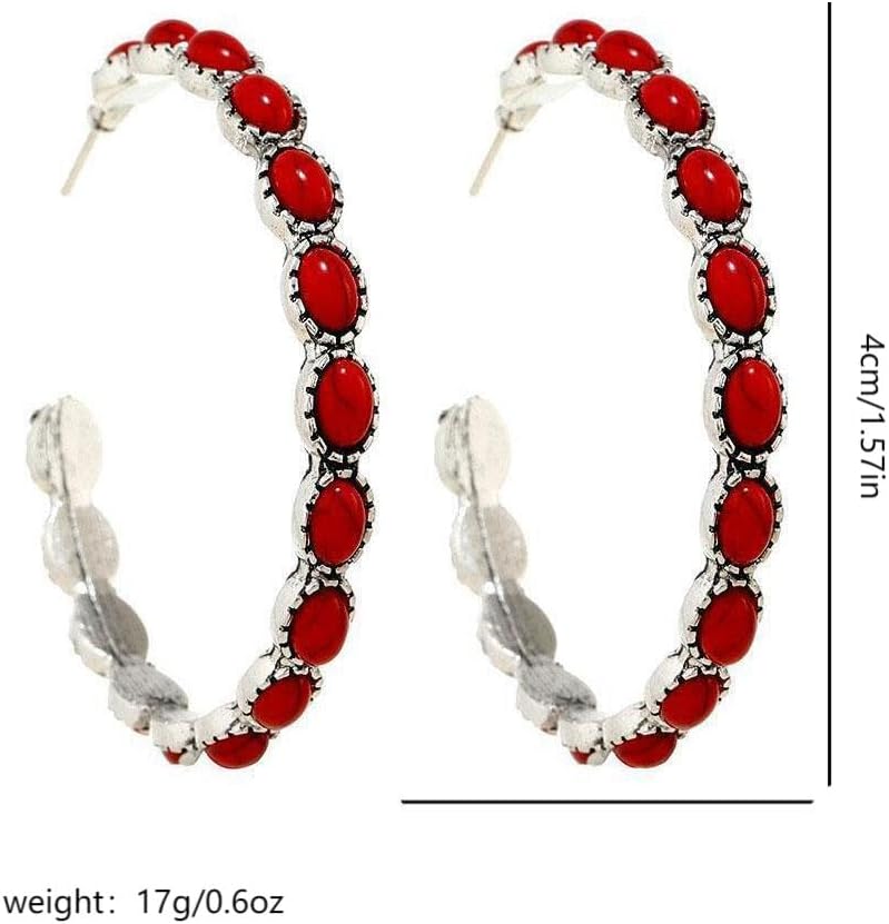 Vintage Faux Turquoise Hoop Earrings Boho Beaded Western Silver Round Dangle Earrings 80s Statement Earrings Turquoise Jewelry for Women - Image 4