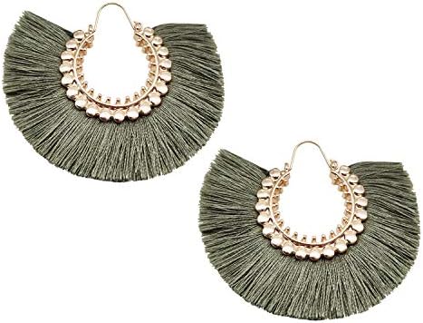 Tassel Hoop Earring, Statement Thread Dangle Earrings Stylish Long Fringe Drop Earrings Lightweight Long Swingy French Hook Earrings for Women Girls (Green 1)