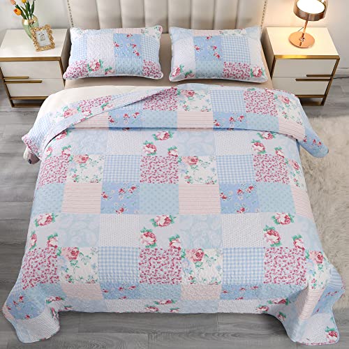 Blue Quilt Set Queen Size Plaid Patchwork Floral Bedding Set Reversible Comforter Quilted Bedspread Coverlet Set 3-Piece Lightweight Rose Flowers Stitched Bed Sheet Cover Blanket With 2 Pillow Shams #TOP2