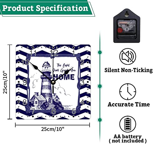 Godblessign Boat Lighthouse Anchor Wall Clock Beach Square Clocks Summer Beach Large Wooden Wall Clocks Battery Operated 10 Inch Silent Tuscan Cabin Wall Home Decor Living Room Bedroom Decor #TOP5