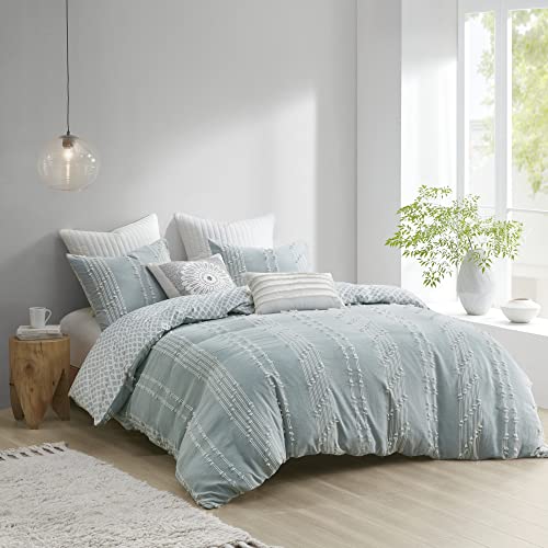 Image of INK+IVY 100% Cotton Comforter Set Trendy Stripe Textured Design, Modern Down Alternative, All Season Cozy Bedding with Matching Shams, Full /Queen, Aqua Reversable Stripes
