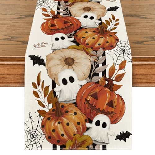 Artoid Mode Jack-O'-Lantern Pumpkin Ghost 210 GSM Halloween Table Runner, Spooky Kitchen Dining Table Decoration for Home Party Decor 13x72 Inch