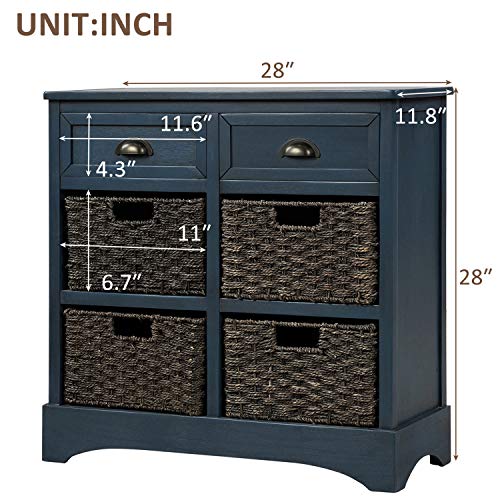 P Purlove Storage Chest Retro Style Storage Cabinet Storage Unit With 2 Wood Drawers And 4 Wicker Baskets For Home Kitchen Entryway Living Room (Antique Navy) #TOP2