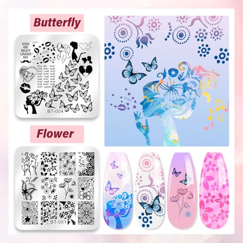 Biutee Nail Stamping Plates Set - 12pcs Templates, 8 Colors, Stamper, Scraper, Storage Bag - Animal & Flower Design Nail Art Plates