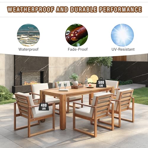 Image of Outdoor Patio Dining Table and Chairs Set for 6, 7 PCS Patio Furniture Set | Outdoor Dining Set for 6 with Umbrella Hole, Wood Frame with Removable Cushion for Garden, Backyard, Lawn and Poolside