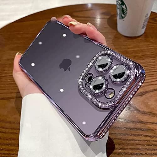 AmazFCCY iPhone 14 Pro 6.1'' Glitter Plating Case, Cute Luxury Bling Rhinestones Diamond Soft Bumper Clear Transparent TPU Thin Lightweight Case for Apple iPhone 14 Pro 6.1 inch 2022 (Purple)