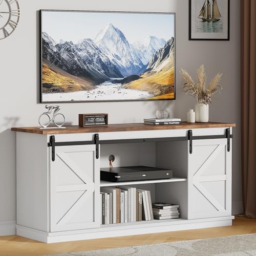 JUMMICO TV Stand with 4 Drawers for 65 Inch TV, Entertainment Center with Storage Cabinets and Sliding Barn Doors, Mid Century Modern Media TV Console Table for Living Room Bedroom (Bright White)
