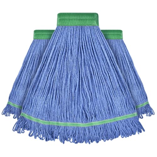 Onesimus 18 oz Heavy Duty Mop Head Replacement, 5 Inch Headband for Quick Change Handle, Blue Loop-End Cotton Blend String Wet Dry Floor Mop Refill Commercial Cleaning Supplies, 3 Pack Medium