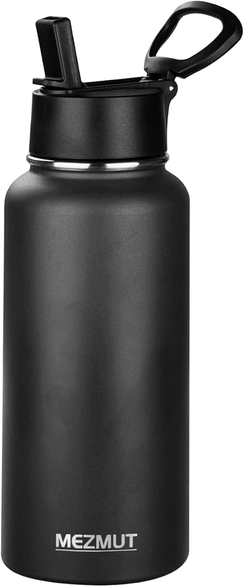 MEZMUT Insulated Water Bottle with Straw 32 oz Metal Water Bottle Leakproof Travel Stainless Steel Water Bottles Reusable Double Wall Gym Sports Cup Flask for Camping Hiking, Black