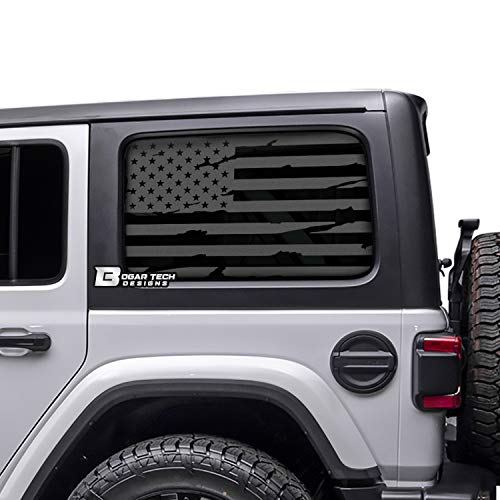 Bogar Tech Designs - Precut American Flag Vinyl Rear Side Window Decals Compatible with The 4 Door Jeep Wrangler JLU 2018-2025, Distressed Matte Black
