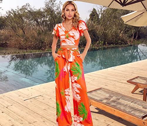 Lounge Sets For Women 2 Piece Sets Outfits Short Sleeve Crop Tops High Waist Pants Yoga Casual Suit Orange Large #TOP4