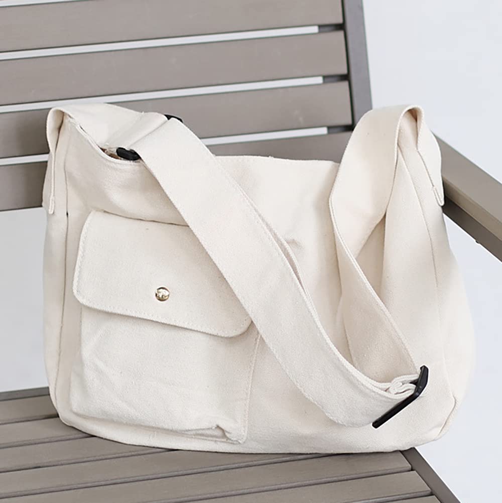 Bolso bandolera de lona para mujer de gran capacidad con bolsillo exterior, bolsos de hombro para mujeres y niñas, bolsos casuales sólidos, Blanco