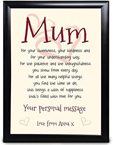 Personalised Mother Gifts, Poem For Mother’s Day, Christmas, Birthday Or Thank You To Mum From Son Or Daughter To Mam Customised With Name And Personal Message Gift For Mummy