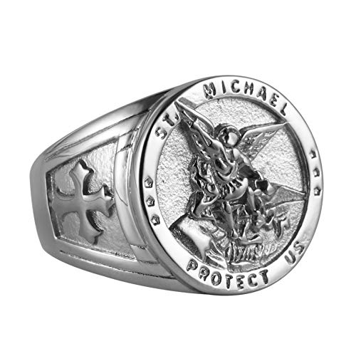 Image of HZMAN St. Michael San Miguel The Great Protector Archangel Defeating Satan Figurine Stainless Steel Amulet Ring