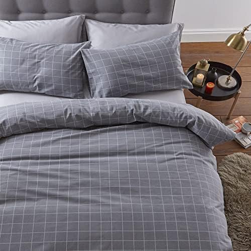 Silentnight 100% Brushed Cotton Classic Check Smoke Grey Super Soft Easy Care Cotton Duvet Cover Quilt Bedding Set - Super King (220cm x 260cm) + 2 Matching Pillowcase