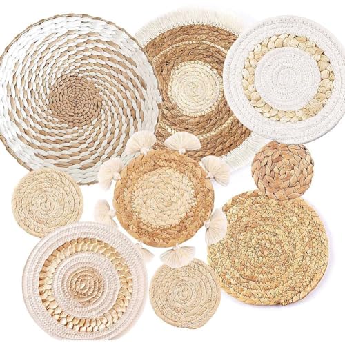 Hlennotor Seegras Rattan Wicker Boho Wanddekoration, 9 Pack Boho Wandkorb Set, Hängende Gewebte Wandkorbdekoration