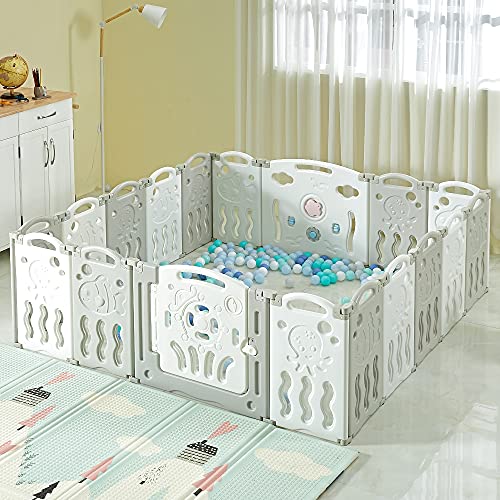 panel safety - Albott Baby Playpen Playard 18 Panel - Kids Safety Activity Center Foldable Play Fence Safety Lock Gate,Adjustable Shape, Portable Design for Indoor Outdoor Use Grey+White, 18 Panel