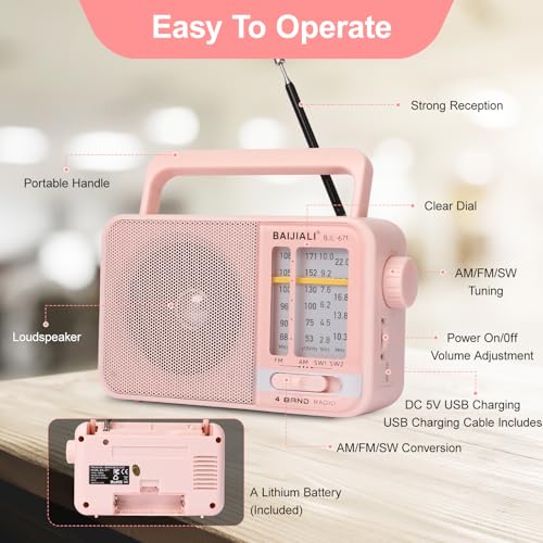 Image of Portable AM /FM Transistor Radio with Loud Speaker, Battery or USB Powered - Compact Emergency Radio for Indoor, Outdoor, Travel & Storms (BJL-671, Pink)