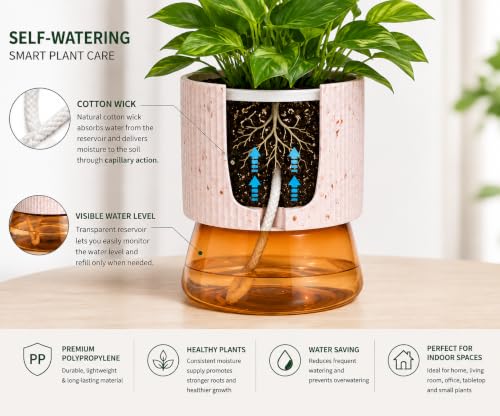 Image of Self Watering Planter - Kyoto - with Cotton Wick Water Reservoir | Indoor Flower Pot for Small Plants | Visible Water Level | Modern Plant Pot for Home, Living Room, Office & Tabletop Decor, Set Of 4