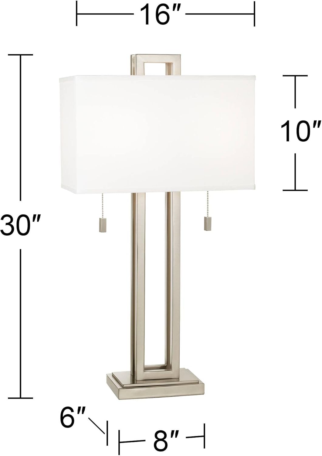 Possini Euro Design Gossard 30" Tall Rectangle Large Modern End Table Lamps Set of 2 Pull Chain Silver Brushed Nickel Finish Metal White Shade Living Room Bedroom Bedside Nightstand House Office